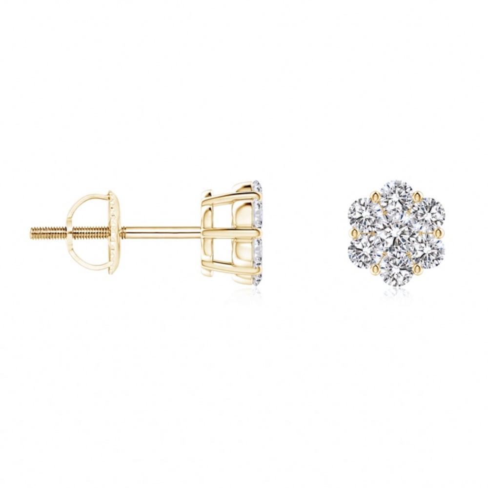 Nice Flower Yellow Gold Iced Sterling Silver Cluster Screw Back Stud Earrings